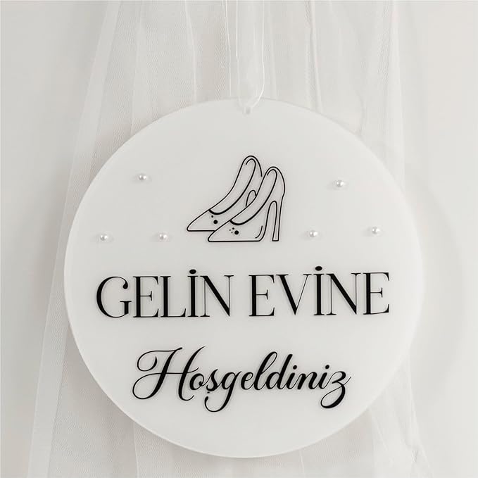 HD PRINT4YOU Acryl-Willkommensschild für Gelin Evine Hosgeldiniz (SW) Türkische Hochzeitsdekoration, Plexi mit Perlen, 30 cm