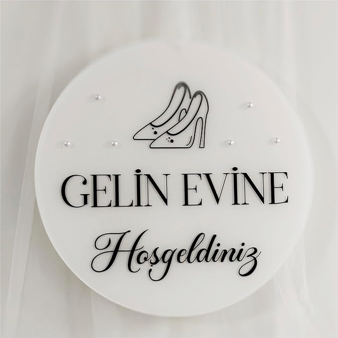 HD PRINT4YOU Acryl-Willkommensschild für Gelin Evine Hosgeldiniz (SW) Türkische Hochzeitsdekoration, Plexi mit Perlen, 30 cm