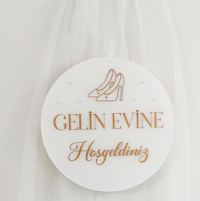 HD PRINT4YOU Acryl-Willkommensschild für Gelin Evine Hosgeldiniz (Gold) Türkische Hochzeitsdekoration, Plexi mit Perlen, 30 cm